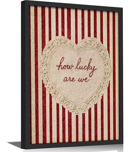 Framed 'How Lucky Are We' Heart Wall Art, Vintage Red Stripe Lace Canvas Print, Rustic Farmhouse Decor for Living Room Bedroom Guest Room Nursery Home - color: Floral-1, size: 16"L x 12"W