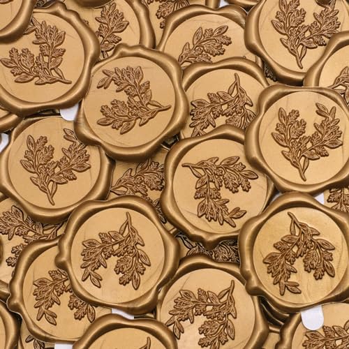 60pcs Eucalyptus Wax Seal Stickers, Andotopee Botanical Envelope Seal Stickers, Self-Adhesive Antique Gold Wedding Invitation Stickers, Real Sealing Wax Pre-Made, Great for Letter Seal, Gift Wrapping - color: Antique Gold