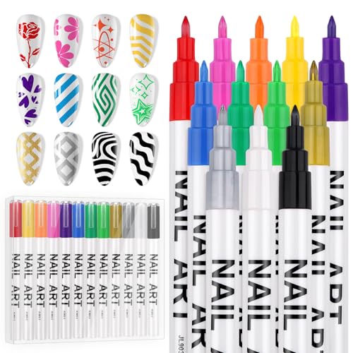 EBANKU 12 Colors Nail Art Pens Set, Nail Polish Pens Quick-Drying Nail Art Markers Acrylic Paint Nail Point Graffiti Dotting Liner Pen for DIY Nail Art Beauty Adorn Manicure Tools - color: 12P(C)