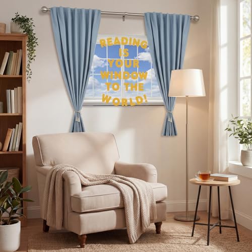 Engrowtic 7pcs Classroom Reading Corner Decor Set Includes 2 Curtains Panels 35x47in Window Backdrop, Reading is Your Window to the World Stickers, Motivational Bulletin Board Kit for Library School