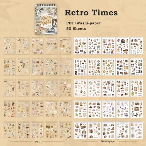 800 PCS Vintage Scrapbooking Journal Stickers,50 Sheet, washi Stickers for journaling Supplies DIY Crafts Laptops，Sticker for Card Making, Ephemera Sticker Book Pre Cut(Retro Times)