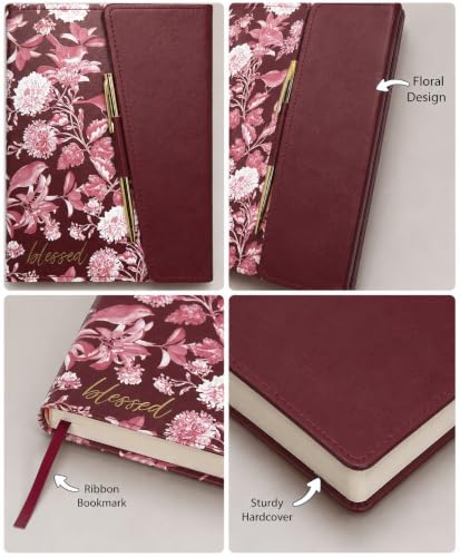 Eccolo Christian Journal Notebook Hardcover Lay Flat 192 Ivory Lined Pages - color: Maroon and White Print with Pen, size: 6X8