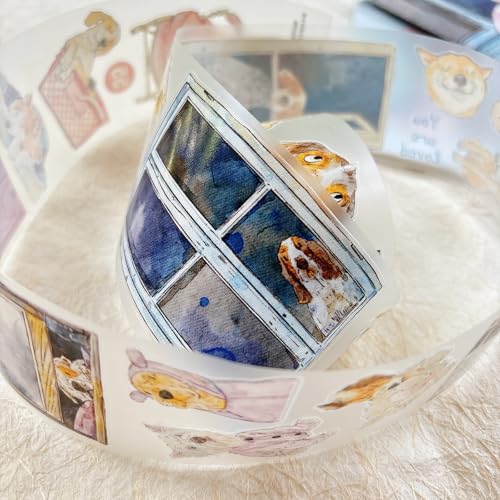 DingDing Vol.15-55 Here's a Dog, Clear PET Washi Tape, Kiss-Cut 2.36 in x 10.94 yd, Vintage Pet Tapes, Washi Stickers for Scrapbooking, Planner Stickers, Bullet Journal, Scrapbook Tape - style: Clear PET