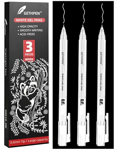 GETHPEN White Gel Pens, 0.6mm Fine Point Opaque Archival Ink Pens, 3 Pack | Opaque White Archival Ink Pens for Black Paper Drawing, Sketching, Illustration, Bullet Journaling - size: 0.6 mm, style: 3 Pack White