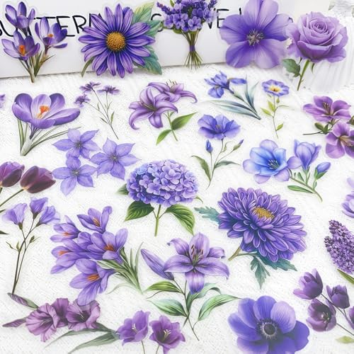 50pcs Purple Flower Transparent Stickers for Scrapbooking – Aesthetic Watercolor Floral Sticker Pack for Journaling, Resin Crafts, Laptop, Clear Botanical Decals - color: Purple Floral
