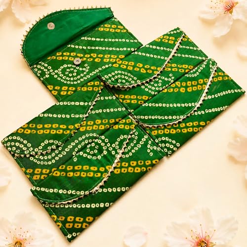 LoveNspire Brocade Fabric Money Envelopes (7.5 x 3.5 Inch) Decorative Bandhani Pattern Shagun Lifafa for Indian Wedding, Birthday | Cash Gift Holder & Home Savings Organizer Green/Pack of 5 - color: Bandhini Green, size: Pack of 5