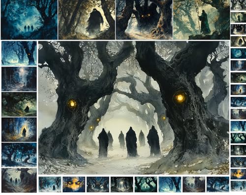 Decoupage Paper Pack (35 Sheets 6"x8") Haunted Forest Watchers ~ Dark Enchanted Woods with Cloaked Figures and Glowing-Eyed Trees in Moody, Atmospheric Fantasy Style with a Gothic Twist - color: Seven