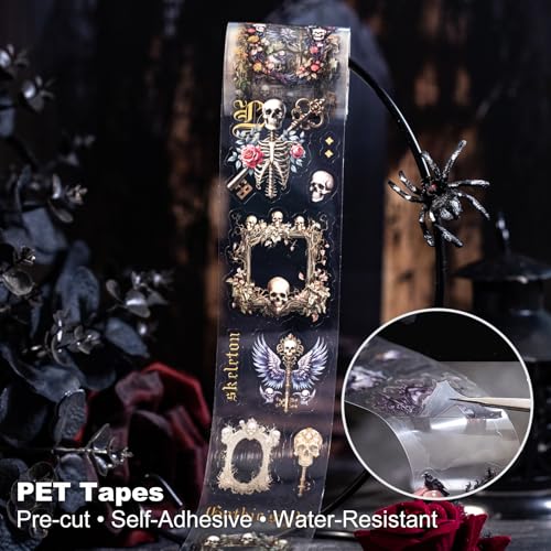 Night Poem Gothic PET Tape Set, 4 Rolls Pre-Cut Translucent Frame and Element Designs with 1 Clip - Dark Collage Supplies for Scrapbook Junk Journal Planner and Crafts - color: Dark Melody