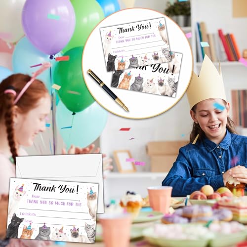 Cat Thank You Cards, Kitten Themed Fill In The Blank Thank You Card, Thank You Notes for Boys and Girls, Pet Birthday Party/Baby Shower Favors (20 Set of Cards with Envelopes) - B14 - color: Cat