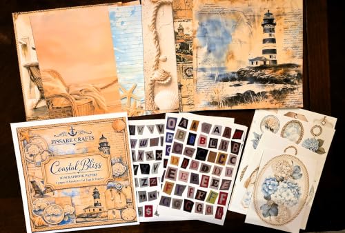 CRAFTS Coastal Bliss Vintage Nautical Scrapbook Paper | 20 single-sided sheets with seaside ephemera, tags & alphabet stickers. Ideal for junk journals, mixed media & card making. - size: 6x6