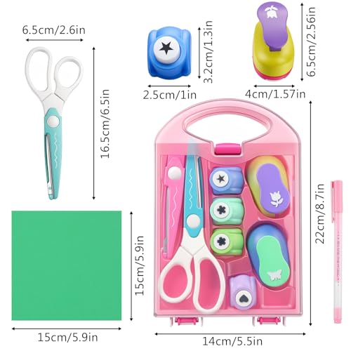 10-Piece Craft Scissors and Hole Punch Set, Craft Scissors Kit with 6-Shape Hole Punch Set, 1-Scissor, 1-Replacement Head, 1-Pen, 100-Cardstock Sheets, DIY Paper Crafts