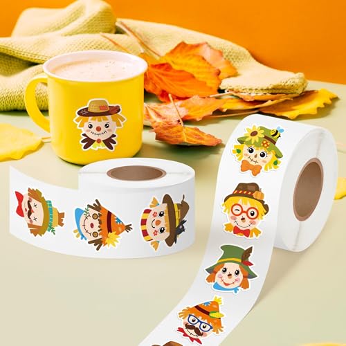 Haooryx Fall Scarecrow Sticker Rolls, 1000Pcs Autumn Scrapbook Stickers - style: Fall-Theme Scarecrow Head 2Roll