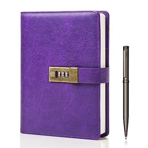 WEMATE Diary with Lock, A5 PU Leather Journal with Lock 240 Pages Purple | Vintage Lock Journal Password Notebook with Pen & Gift Box, Lock Diary Planner Organizer for Men and Women, 8.6x5.8in - color: Purple