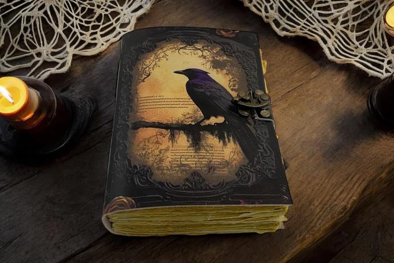 Foja Handicraft Leather Journal Gothic Notebook The Raven Grimoire Print - Vintage Handamde Journal Book of Shadows Witchcrafts Journal Gifts for Men 7x5 inch 200 Pages