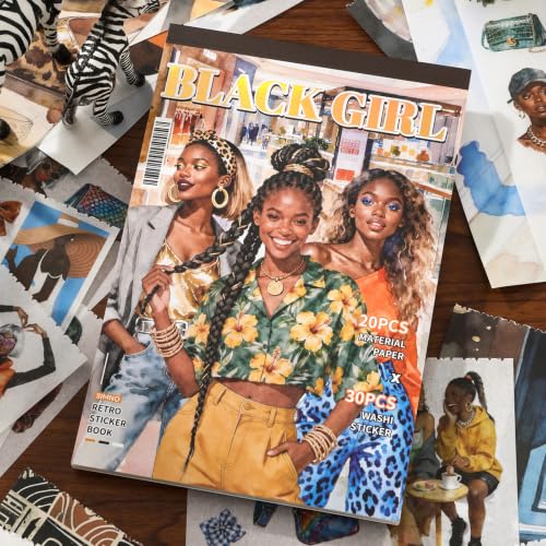 Black Women Sticker Book, 500+ Fashion Ladies and Clothes Shoes Bags Scrapbook Stickers for Junk Journals 20 A5 Scrapbook Papers, Retro Washi Sticker Book for Adults, Ephemera Scrapbooking Supplies - color: Black Girl