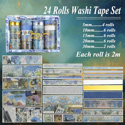Washi Tape Set, 24 Rolls Vintage Washi Stickers, Assorted Sizes, for Junk Journal Scrapbook Tape, Bullet Journaling Scrapbooking Supplies, Planner Sticker DIY Craft DéCor (Blue) - color: Blue