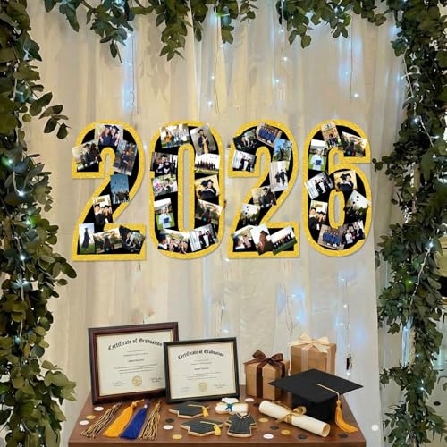 Eaasty 4 Pcs 2026 Graduation Photo Display Decoration Picture Display Board Frame Collage Graduation Decorations Gold Glitter Paper Cutouts with Self-Adhesive Dots for Wall College Class of 2026 Party