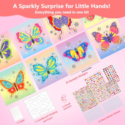 Butterfly Gem Sticker Art Kit for Girls Ages 3-8, Diamond Art Kit for Kids | 8 Pack Gem Art Kit, 1000+ Gems, Easy DIY Arts and Crafts with Display Stand, Party Favor, Birthday Gift for Girls - color: Pink-Butterfly