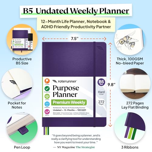 Roterunner Purpose Planner Notebook B5 7.5”x9.8” 12 Month Undated 2026 Daily Weekly and Monthly Productivity Goal Setting Tool for Work Home ADHD Planner for Adults Self Care Journal - color: Purple