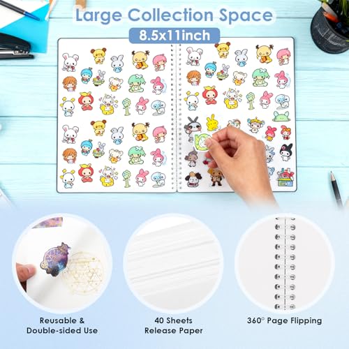 UFU Large Reusable Sticker Book Collecting Album, 8.5×11 Inch Sticker Storage Collection Organizer Book with 40 Sheets Blank Release Paper, Letter & Gem Cover Stickers and Tools