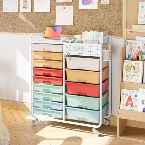 14 Drawer Rolling Storage Cart with Tabletop and Pegboard for Craft Color - color: Rainbow