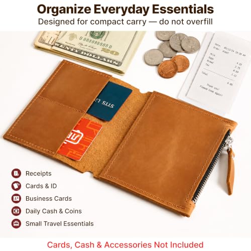 Leather Journal Pocket Insert A6 – Genuine Leather Notebook Organizer with Card Pockets & Large Zipper Pocket, Refillable Travel Insert for Planner 4.1"x5.8", Warm Brown - size: A6