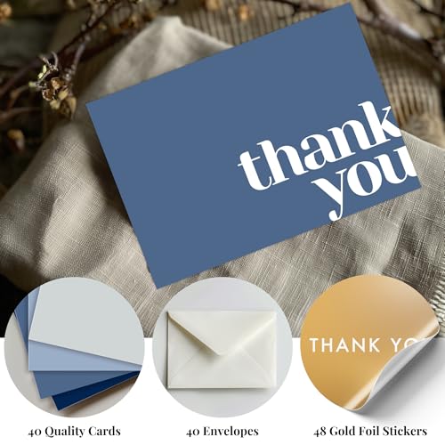 Paper Play Thank You Cards Bulk Pack of 40 Blue, 5x3.5 Inches with Matching Stickers & Envelopes, Minimalistic Design Suitable for Business, Baby Shower, Wedding, Small Business, Graduation, Funeral - color: Blue