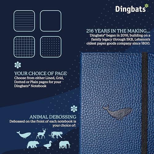 Dingbats* - Wildlife A6 Plain Pocket Notebook - PU Leather Hardcover Small Journal for Work, Travel - Pocket, Elastic Closure, Pen Holder, Bookmark - color: Blue Whale, style: Minimalist