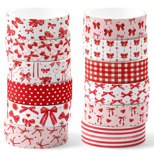 Red Bow Washi Tape Set - 12 Rolls Valentine Masking Tape for Journal Crafts