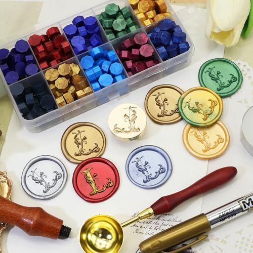 Letter Wax Seal Stamp Kit, SWANGSA 3D Floral Initial Alphabet L Sealing Stamp and 200pcs Sealing Wax Beads Kit for Wedding Invitations Cards Envelopes - color: L