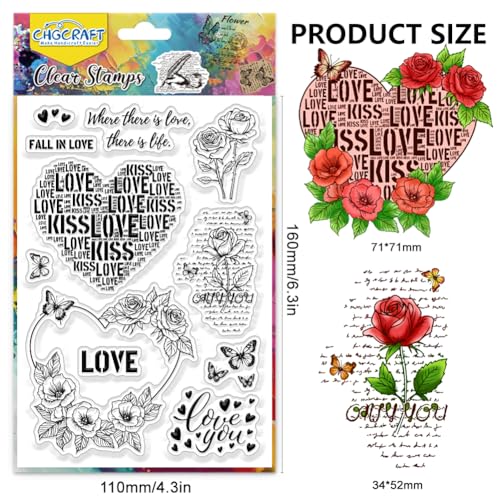 CHGCRAFT Roses Clear Stamps Heart Flowers Love Words Transparent Stamp Butterfly Silicone Clear Stamp Seals for Cards Making DIY Scrapbooking Photo Decoration - style: Rose
