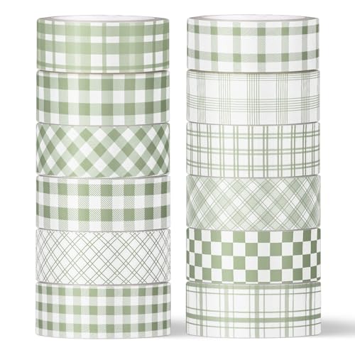 Whaline 12 Rolls Sage Green Plaid Washi Tape Masking Tape Set Pastel Green Gingham Decorative Wrapping Paper Tapes Boxed for Wedding Scrapbook Journal DIY Crafts - style: Plaid
