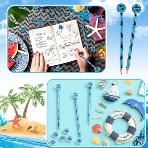 32 Pcs Summer Shark Pencil with Eraser Party Favors Gifts Shark Pen Goodie Bag Filler Under the Sea Theme Stationery Set for School Classrooms Exchange Reward Prize Home Office School Supplies - color: Blue, style: Summer Shark