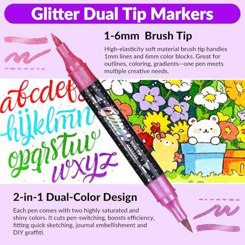 KEMYR 24 Colors 12 Pack Dual Tip Glitter Marker Pens for Adult Coloring - color: 12Pack 24Colors