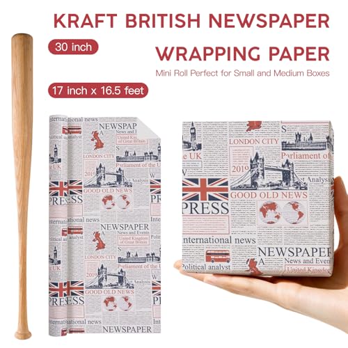 WRAPAHOLIC Kraft British Newspaper Wrapping Paper Roll - Mini Roll - 17 Inch x 16.5 Feet - Vintage UK London Kraft Wrapping Paper for Birthday, Wedding, Anniversary, Bridal Shower - color: Kraft Newspaper - UK London