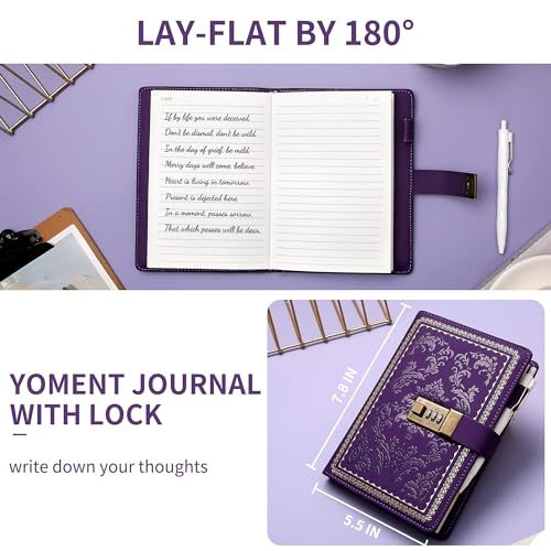 Yoment Lock Diary Vintage Journal with Lock for Women Leather Diary,Purple | Refillable Personal Locking Journal for Writing,Gifts Box,Grils Kids Secret Password Notebook Journal with Pockets 5.5x7.8 - color: Purple