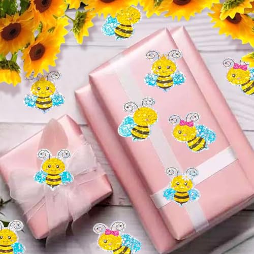 500Pcs Bee Stickers Roll 1.2in Large Glitter Bumble Bee Seal Stickers 5 Designs Cartoon Animal Waterproof Classroom Reward Decals for Spring Scrapbook Journal Envelopes Decorations - color: Bee