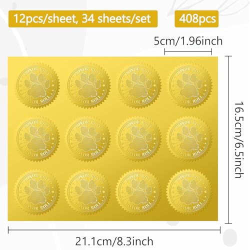 CRASPIRE 408Pcs Dog Paw Print Gold Foil Embossed Stickers 2" Honor Roll Self Adhesive Envelopes Seals Round Labels for Wedding Invitation Graduation Corporate Certificates Diplomas Gift Wrapping Decor - style: Arts Crafts