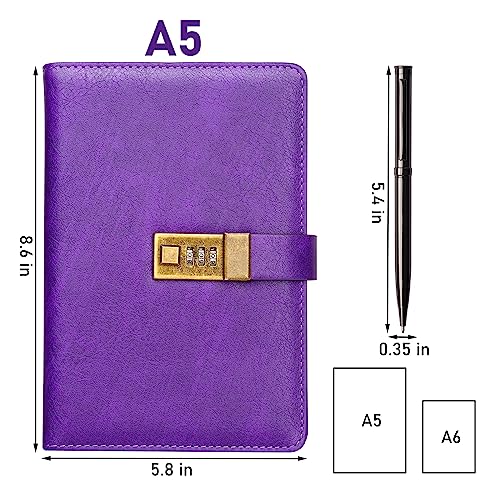 WEMATE Diary with Lock, A5 PU Leather Journal with Lock 240 Pages Purple | Vintage Lock Journal Password Notebook with Pen & Gift Box, Lock Diary Planner Organizer for Men and Women, 8.6x5.8in - color: Purple