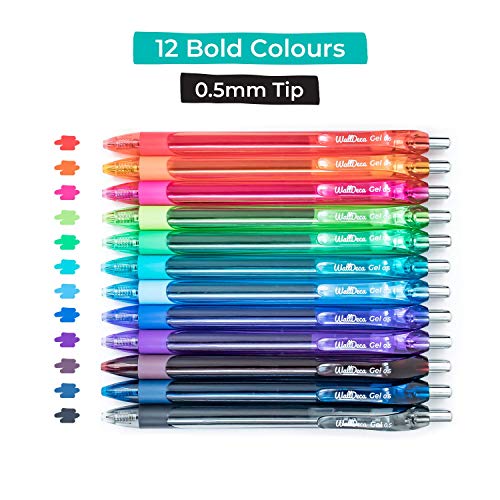 WallDeca Gel Pens | 12 Count, Fine Point Tip (0.5mm), Assorted Rainbow Colors, Retractable | Made for Everyday Writing, Journals, Notes and Doodling