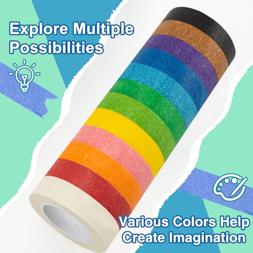 OWLKELA 12 Rolls Masking Tape, 16yd per Roll, Rainbow Colors - size: 12 Pcs