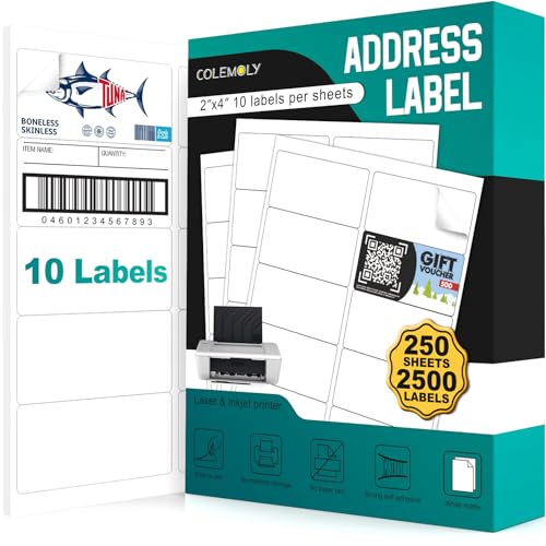 2x4 Labels Sticker Paper - 2500 Address Labels (250 Sheets) for Laser/Inkjet Printer Matte White Blank Labels on 8.5x11 Inch for Mailing, Shipping, and Organizing - size: 250sheets, style: 10 up-2"x4"