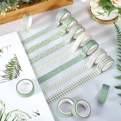 Whaline 12 Rolls Sage Green Floral Washi Tape Masking Tape Set Flower Leaves Plaid Striped Decorative Wrapping Paper Tapes Boxed for Wedding Scrapbook Journal DIY Crafts - style: Sage Green