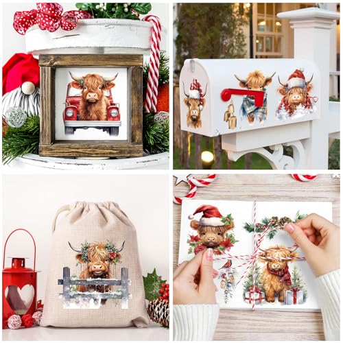 Whaline 12 Sheet Christmas Highland Cow Rub on Transfers Xmas Tree Gifts Cow Transfer Stickers Rustic Furniture Decals for Home Office Paper Wood DIY Crafts, 5.9 x 5.9 Inch - style: Christmas Highland Cow