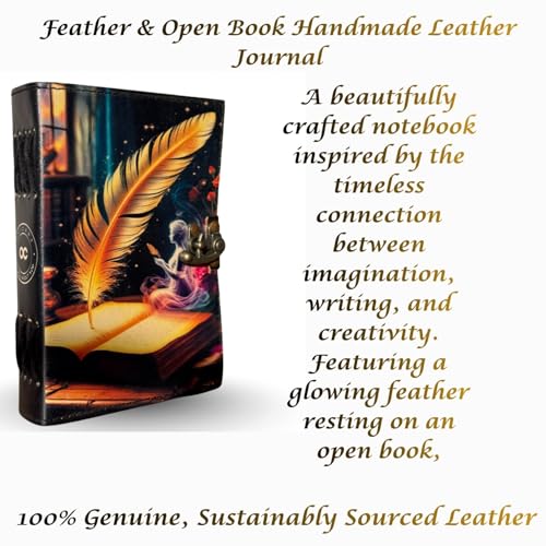 Oficart Handmade Leather Journal – Vintage Diary with Antique Lock & Eco-Friendly Cotton Paper | Celestial Notebook for Writing, Sketching, Travel, Art, Poetry, Spiritual & Gift Use (Feather & Open Book) - color: Feather & Open Book