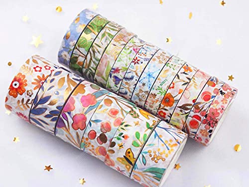 18 Rolls Floral Gold Washi Tape Set VSCO Foil Masking Decorative for Arts, DIY Crafts, Journal Supplies, Planners, Scrapbook, Card/Gift Wrapping 8/15mm Wide (Flowers)