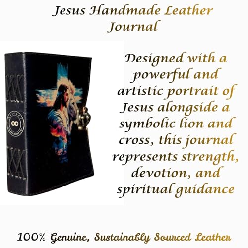 Oficart Handmade Leather Journal – Vintage Diary with Antique Lock & Eco-Friendly Cotton Paper | Celestial Notebook for Writing, Sketching, Travel, Art, Poetry, Spiritual & Gift Use (Jesus & Lion) - color: Jesus & Lion