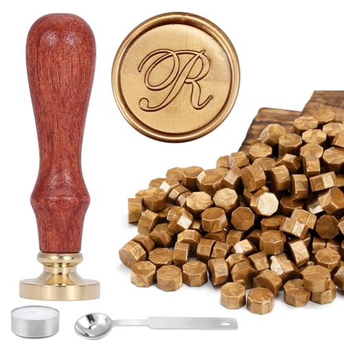 Yoption Handwriting Letter R Wax Seal Stamp Kit with Antique Gold Wax Beads - color: R