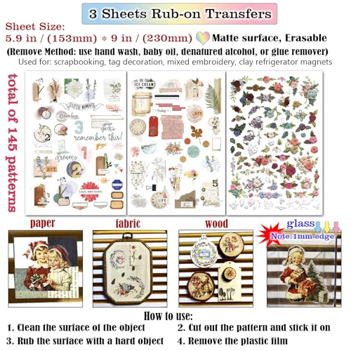CATaireen Rub on Transfers for Crafts Vintage Scrapbooking Stickers Small Decals Adults Journaling DIY Supplies Use for Fabric Paper Wood Stone Canvas Acrylic Cloth (Art Collage) - style: Art Collage