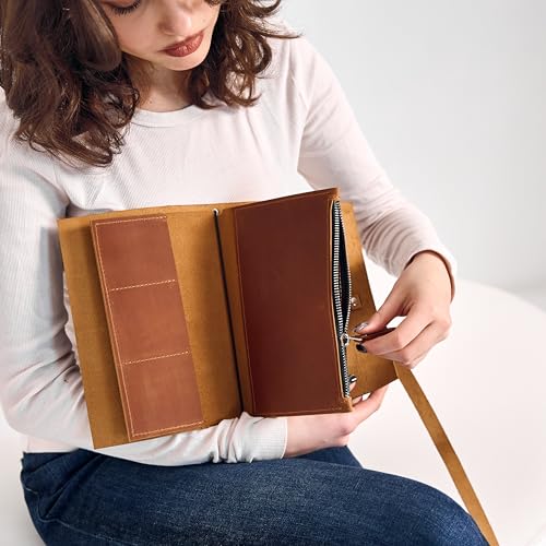 A5 Leather Journal Insert (5.8" x 8.3") – Handmade Leather Organizer Insert with Card Slots & Zipper Pocket, Refillable Notebook Insert for A5 Cover, Leather Journal Accessory, Warm Brown - size: A5